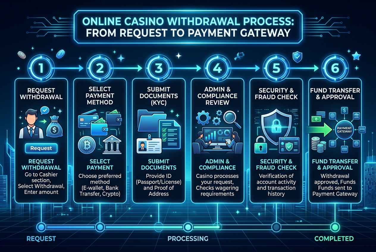 Professional infographic showing the steps of online casino withdrawal process from request to verification to payment gateway