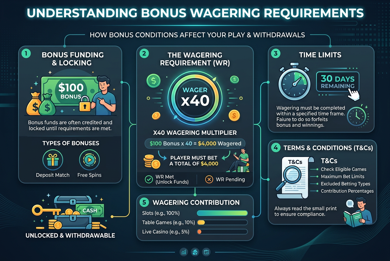Infografika przedstawiająca matematykę wagera i wymagania obrotu bonusem kasynowym