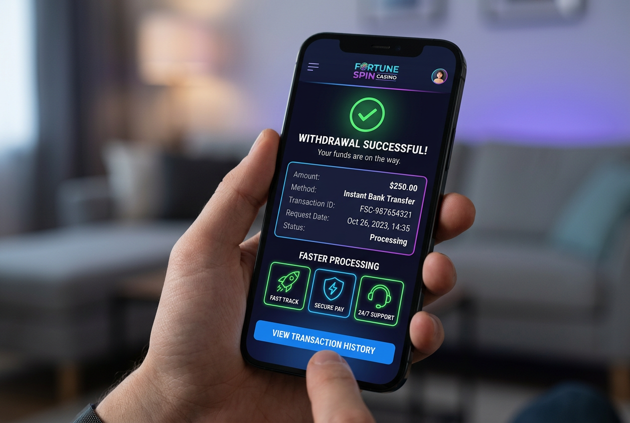 Smartphone screen showing a modern casino app withdrawal success message