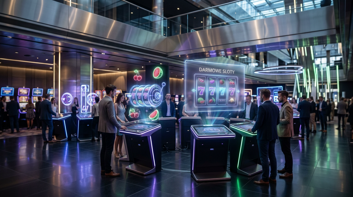 Futurystyczne kasyno z holograficznymi automatami do gier i neonowymi symbolami