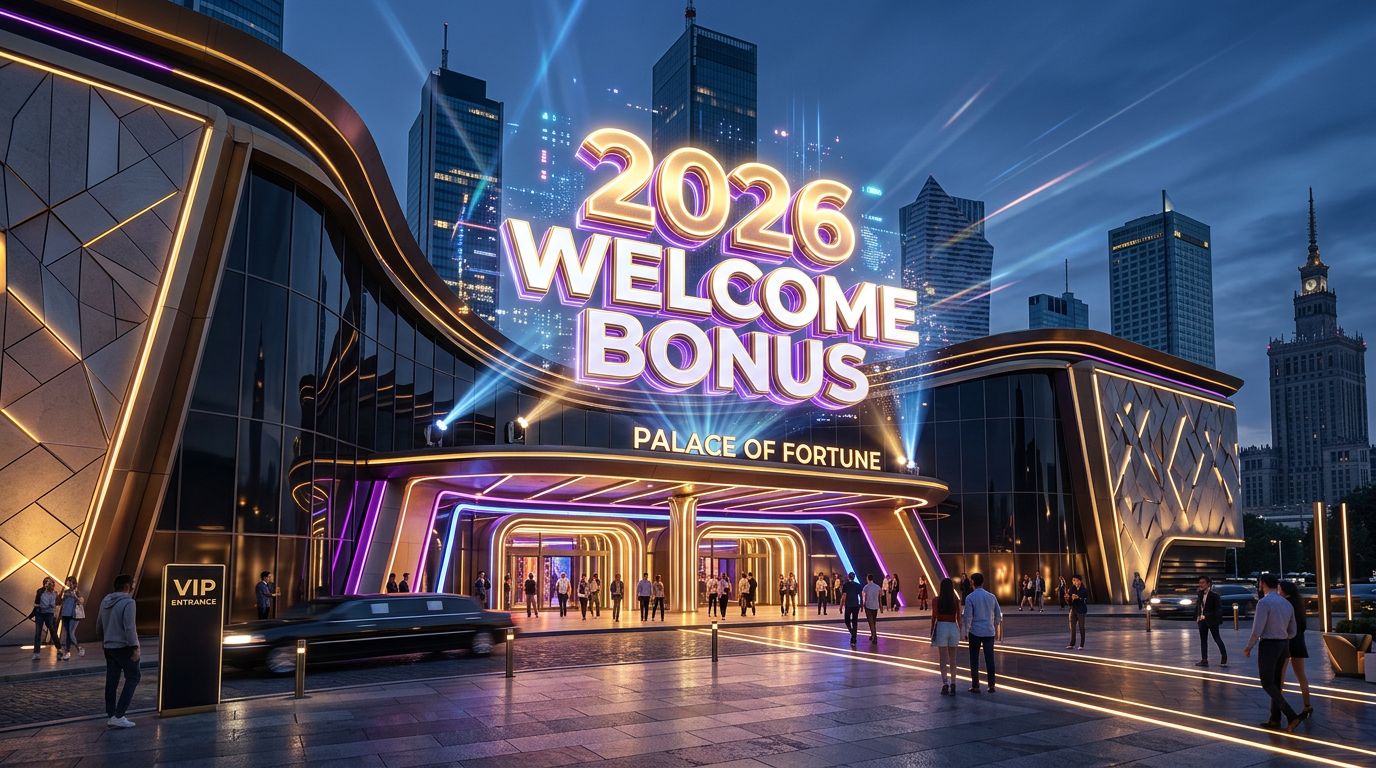 Luksusowe kasyno przyszłości z napisem Bonus Powitalny 2026