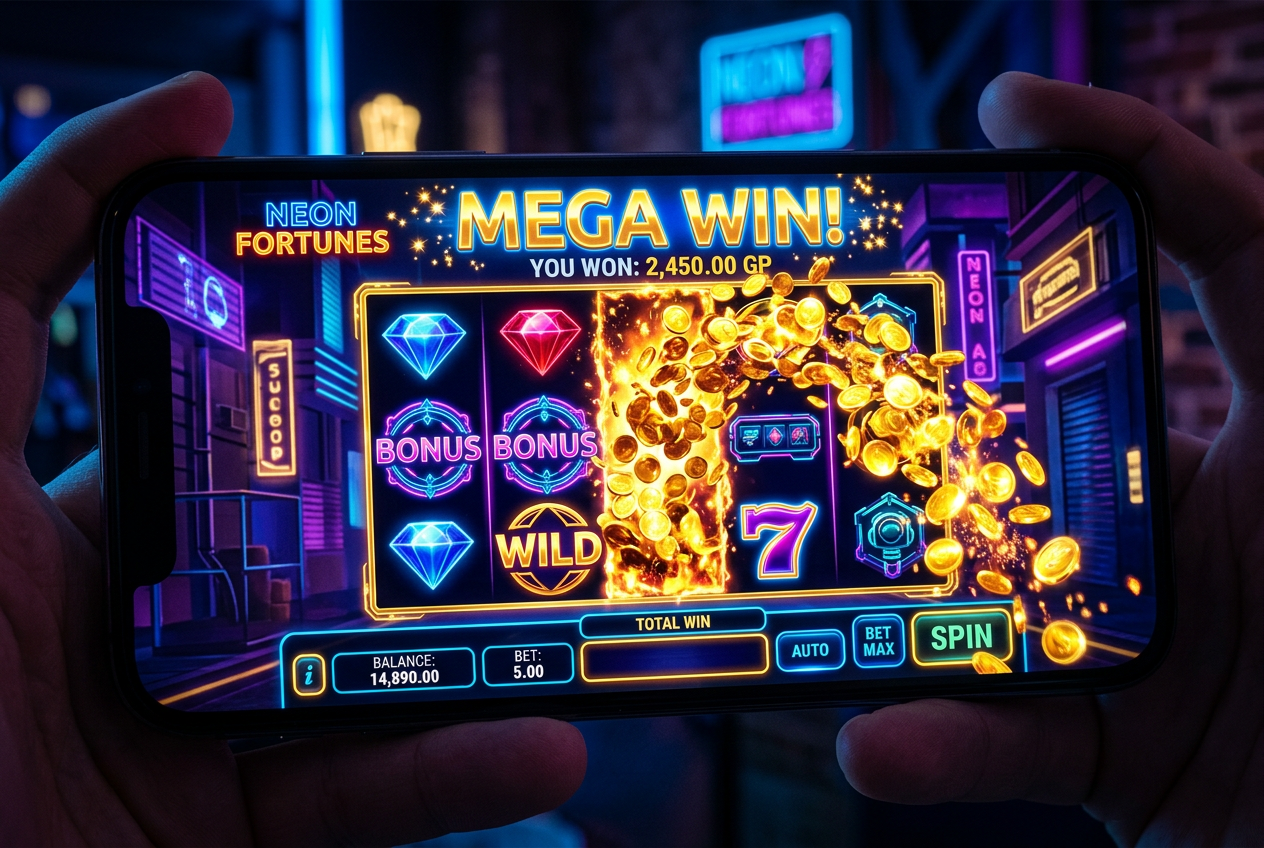 Ekran smartfona z nowoczesną grą typu slot i neonowymi efektami