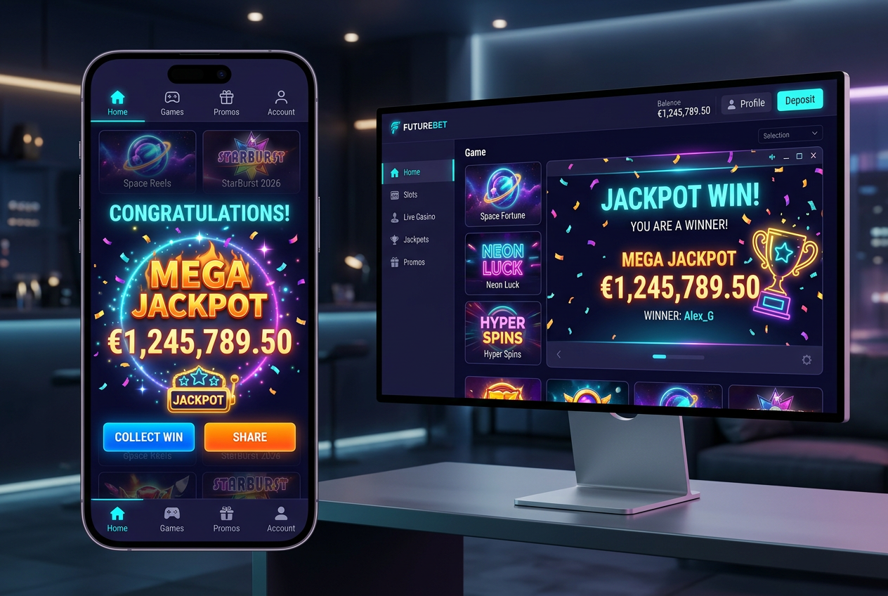 Nowoczesny interfejs kasyna online z neonowymi akcentami i technologią mobile-first