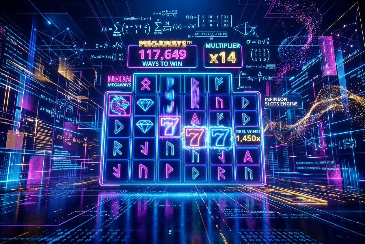 Modern futuristic slot machine game engine visualization with complex multipliers and Megaways symbols